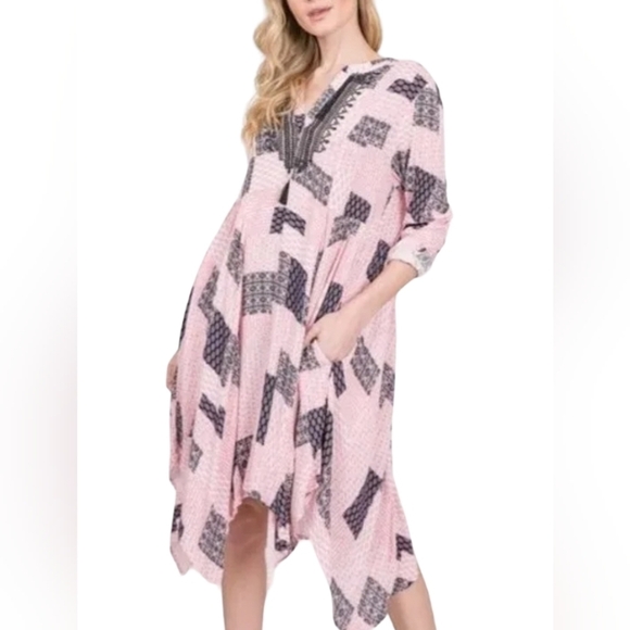 Boutique Patchwork Asymmetrical Midi Dress Pink Bohemian Print Gauze V-Neck - Picture 1 of 6